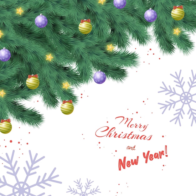 Christmas branches with festive balls and garlands, Happy New Year and Merry Christmas greetings on a dark background - Vector illustration