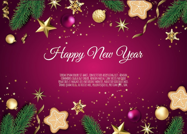 Christmas bright background with golden Xmas decorations, Merry christmas greeting card,