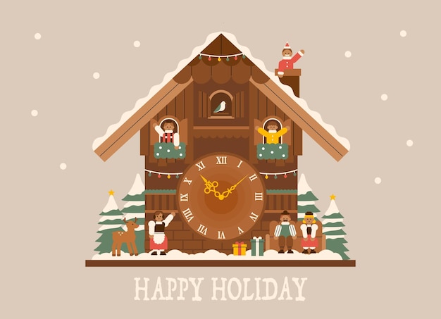 Christmas brown wooden cuckoo clock. In the cuckoo clock,