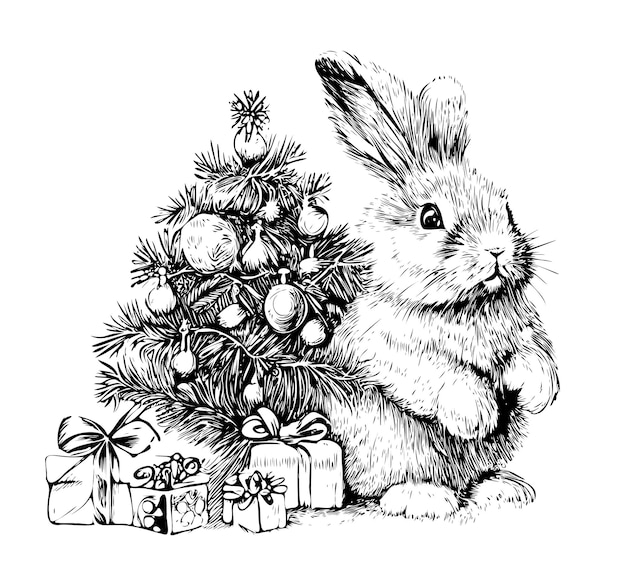 Christmas bunny with Christmas tree and gifts hand drawn sketch Vector illustration.