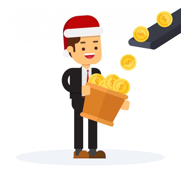 Christmas businessman stands in front of money production machine