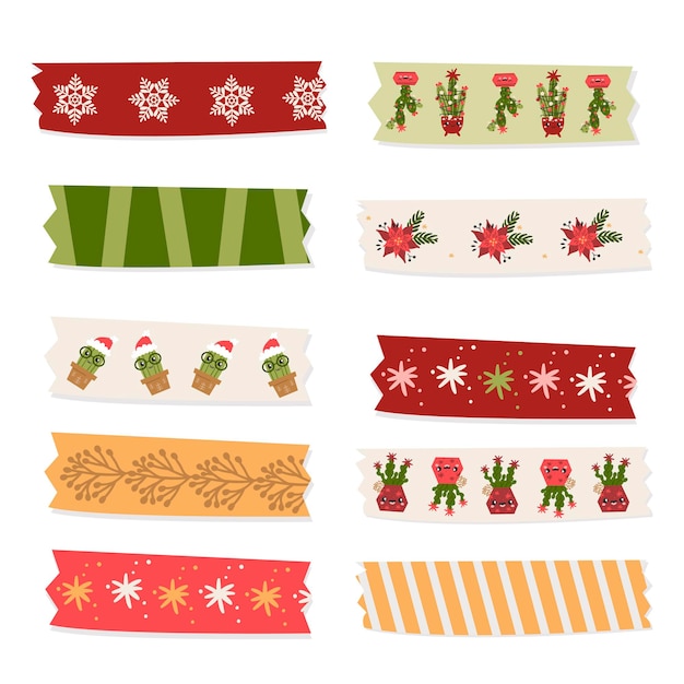 Christmas cacti washi tapes collection. Vector isolated illustration for notes, planner and scrapbooking