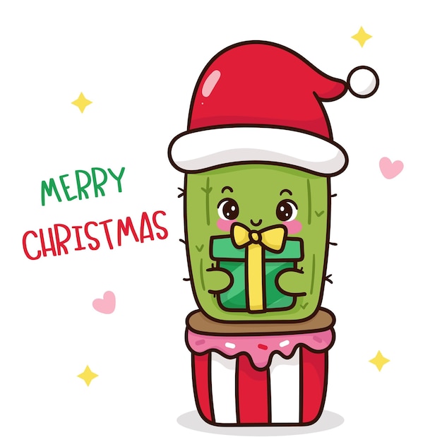 Christmas cactus with gift kawaii cartoon Happy New Year character