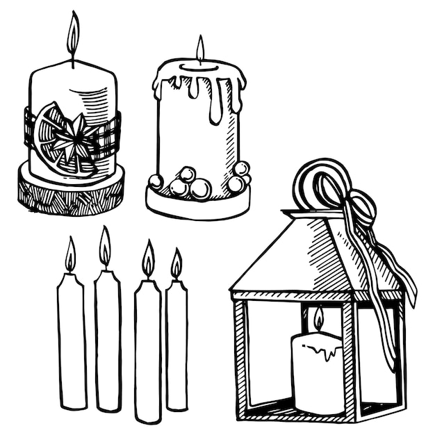 Christmas candle. Hand drawn illustration. New year and Christmas design elements. . Vintage illustration.