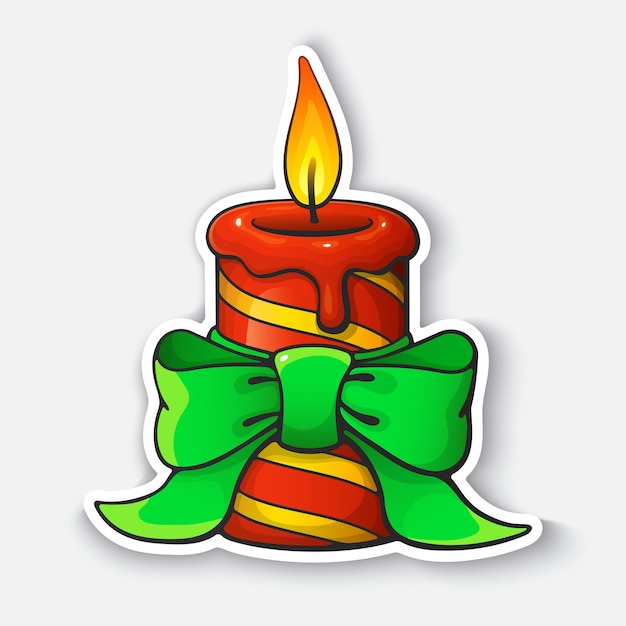 Christmas candle with ribbon Cartoon funny sticker in comic style with contour Vector illustration