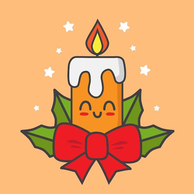 Christmas candle with ribbons isolated on orange