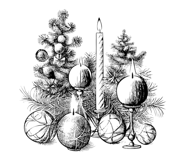 Christmas candles and balls on the background of Christmas trees hand drawn sketch Vector