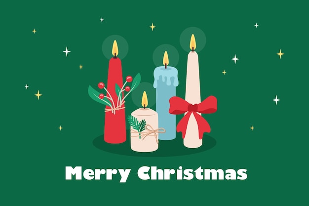 Christmas candles greeting card with lettering in flat style