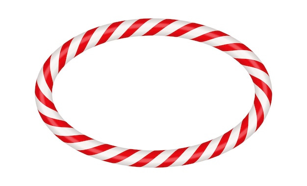 Christmas candy cane oval frame with red and white striped Xmas border with striped candy lollipop pattern Blank christmas and new year template Vector illustration isolated on white background