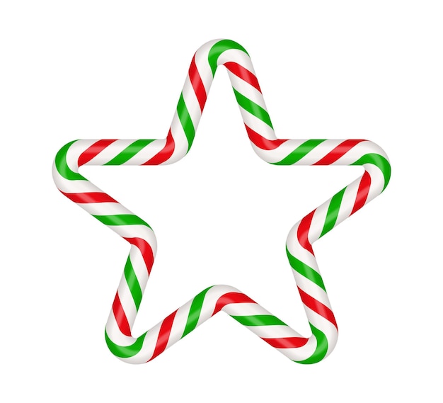 Christmas candy cane star frame with red and green striped Xmas border with striped candy lollipop pattern Blank christmas and new year template Vector illustration isolated on white background