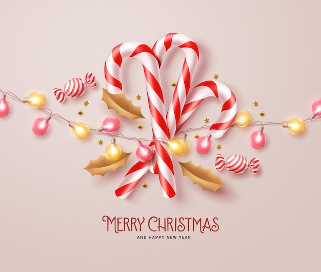 Christmas candy cane vector design background. Merry christmas and happy new year text with candy