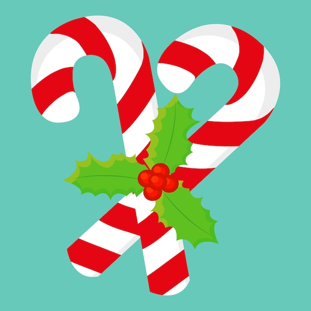 Christmas Candy canes with a mistletoe, detailed vector illustration, set xmas.