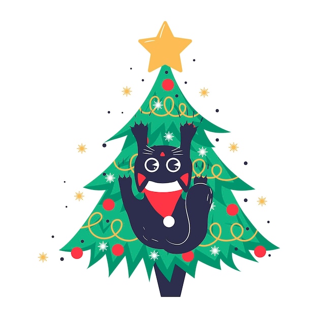 Christmas card banner or poster template with christmas tree and cute black cat climbing on it