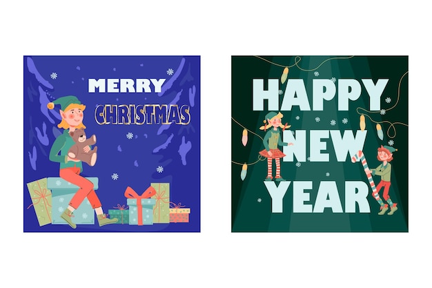 Christmas card or banners bundle with cute elves flat vector illustration