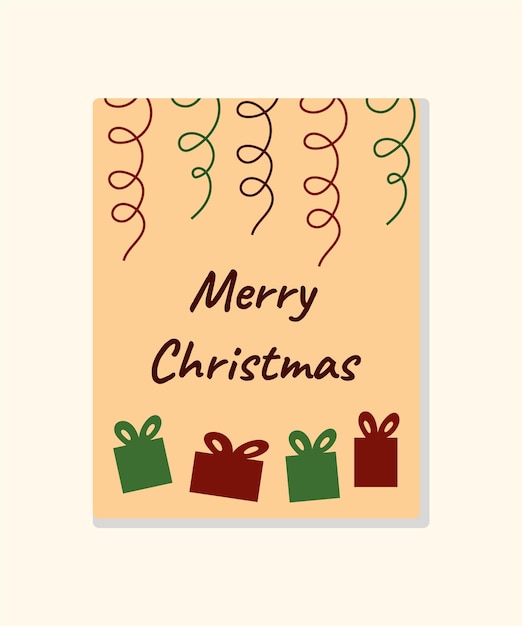 Christmas card Beige dark red and green colors Christmas gift and serpentine Vector illustration