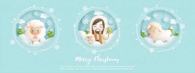 Christmas card, celebrations with Jesus Christ and his sheep