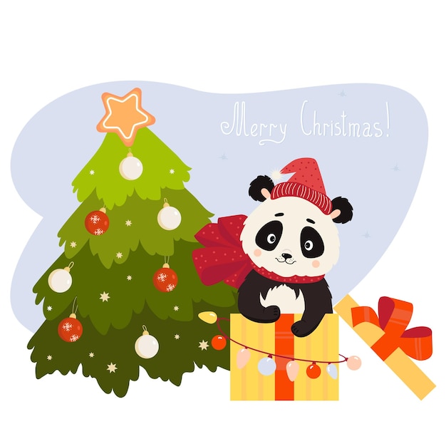 Christmas card Cute panda in gift box with garland and bow in Santa hat and Christmas tree