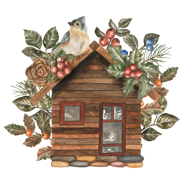 Christmas card house watercolor illustration