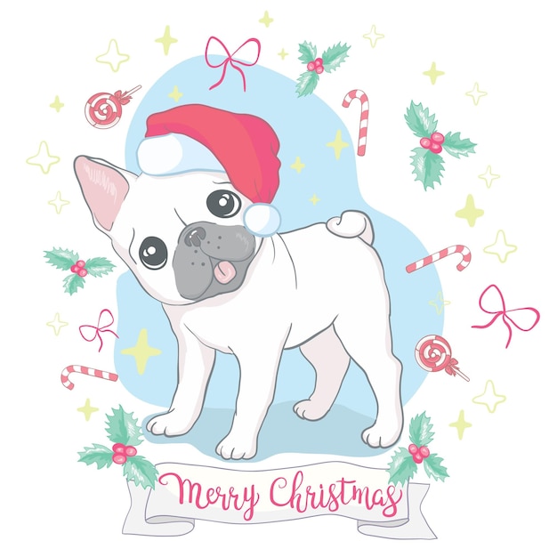 Vector christmas card image portrait of french bulldog in santa hats vector illustration