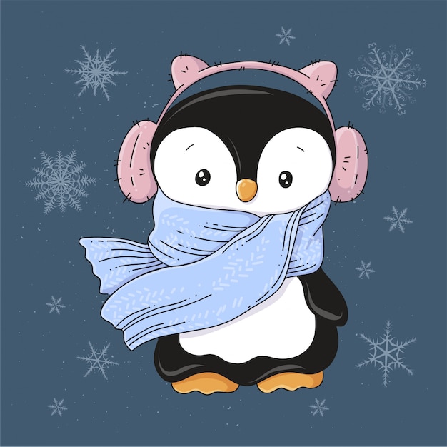 Christmas card penguin in headphones and a scarf