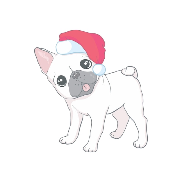 Christmas card. Poster of portrait bulldog in a Santa's hat. Vector illustration.