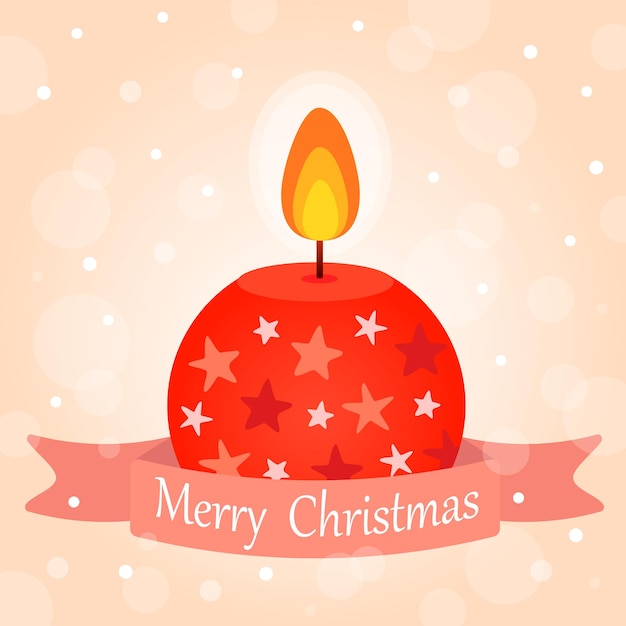 Christmas card. Red, round candle, fire, bokeh background, with snow. Design for invitations, cards.