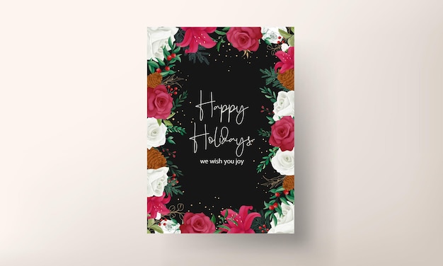 christmas card template design with beautiful flower and gold leaves