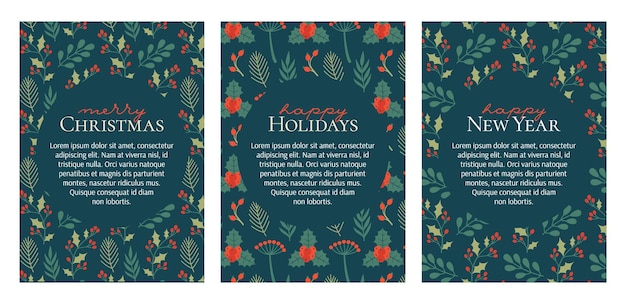 Christmas card templates with floral, botanical patterns and place for text.