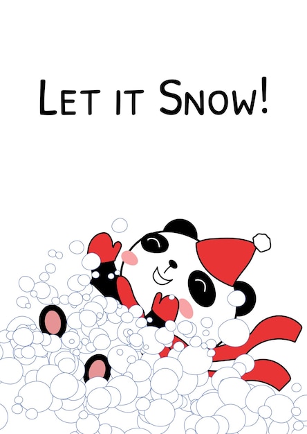 Christmas card with baby panda lying in snowdrift vector illustration