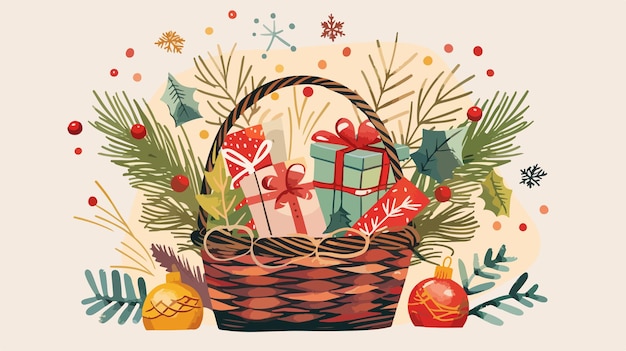 Vector a christmas card with a basket of presents and a christmas tree