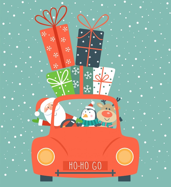 Christmas card with car and presents.