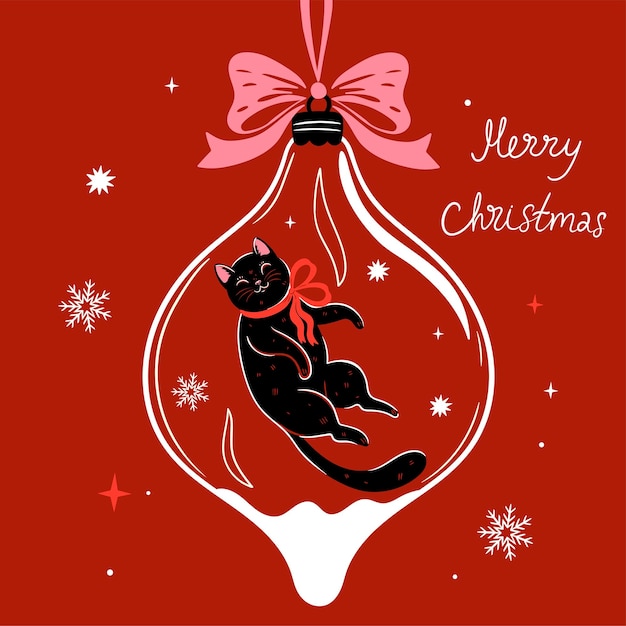 Christmas card with a Christmas ball with a black cat Vector graphics