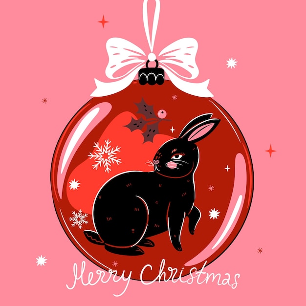 Christmas card with a Christmas ball with a black rabbit Vector graphics