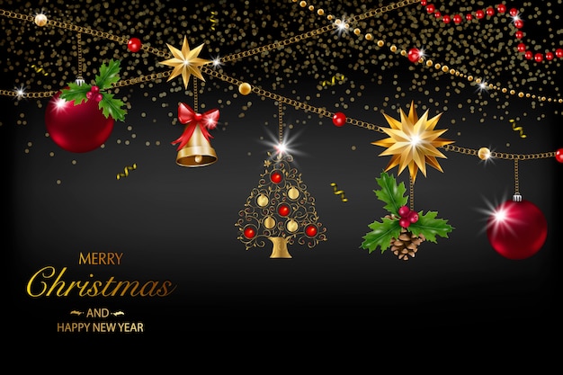 Christmas card with a composition of festive elements such as gold star, berries, decorations for the Christmas tree, pine branches. Merry Christmas and Happy New Year.  glitter decoration, gold