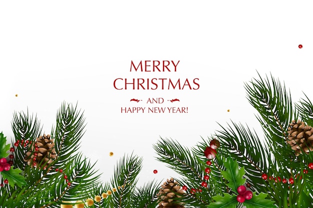 Christmas card with a composition of festive elements such as gold star, berries, decorations for the Christmas tree, pine branches. Merry Christmas and Happy New Year.