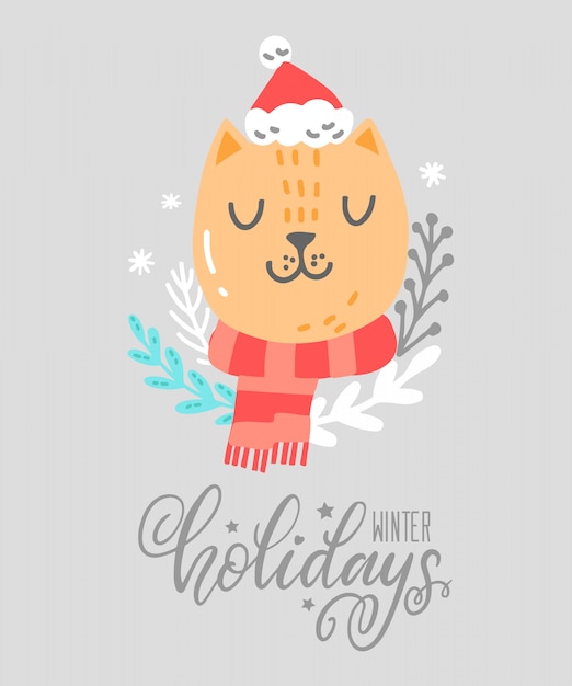 Christmas card with cute animal. Cute ginger cat with scarf, christmas hat, floral elements, snowflakes. Greeting card