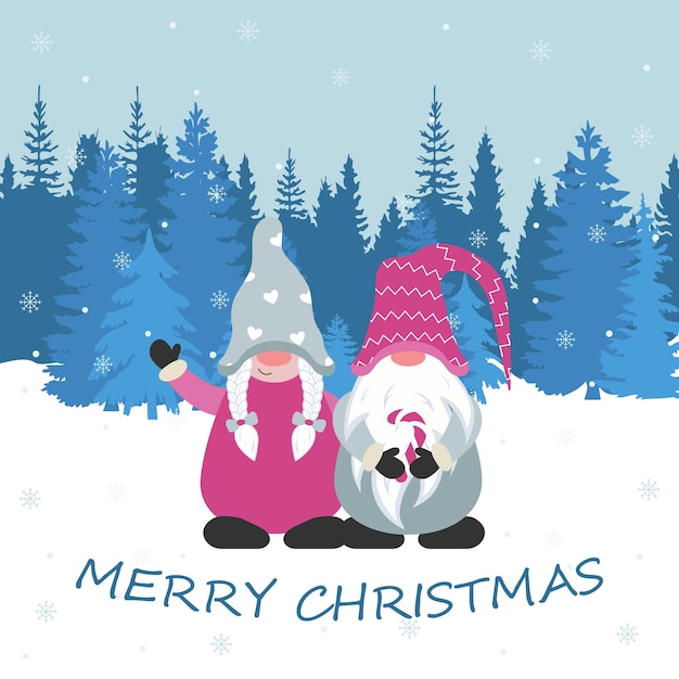 Christmas card with cute gnomes Vector illustration