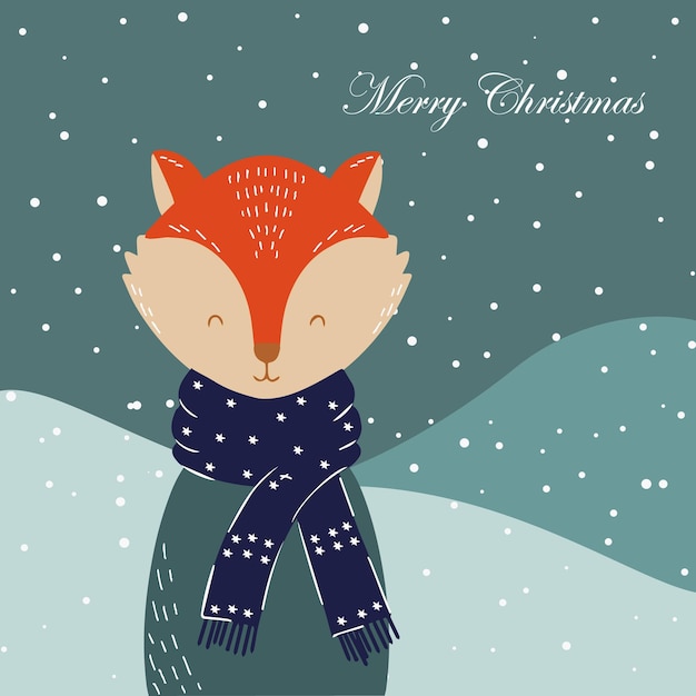 Vector christmas card with a cute little fox cute character poster or invitation doodle illustration vector