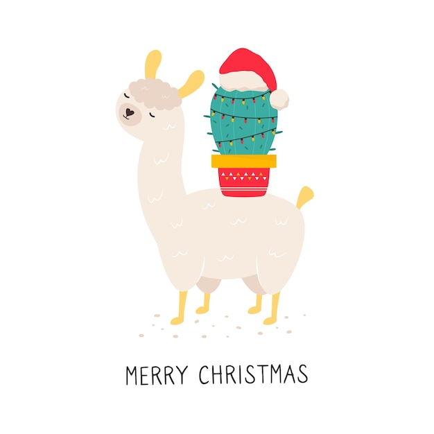 Christmas card with cute llama and cactus