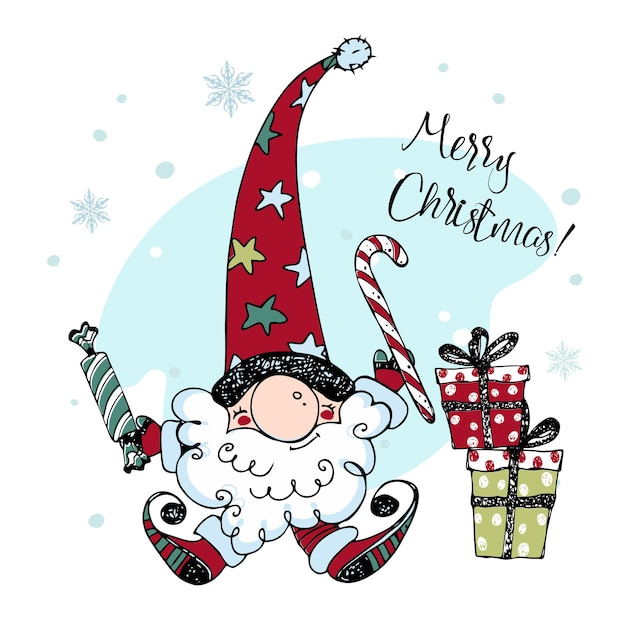 Christmas card with cute Nordic gnome with gifts Doodle style