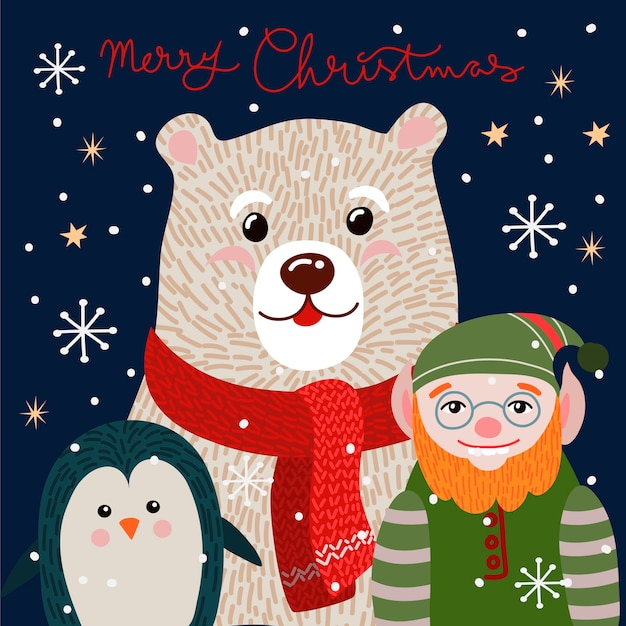 Christmas card with cute polar bear in a red scarf. 