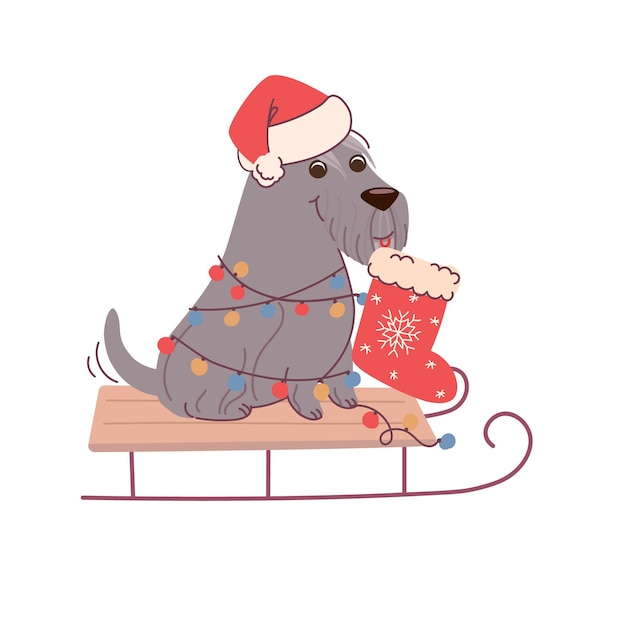 Christmas card with dog schnauzer  holding a sock for gifts