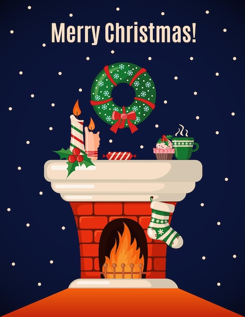 Christmas Card with fireplace and Christmas sock in flat style Vector illustration