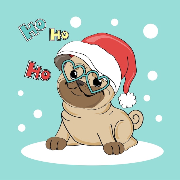 Christmas card with funny puppy in a hat santa claus. Vector illustration with cartoon animal