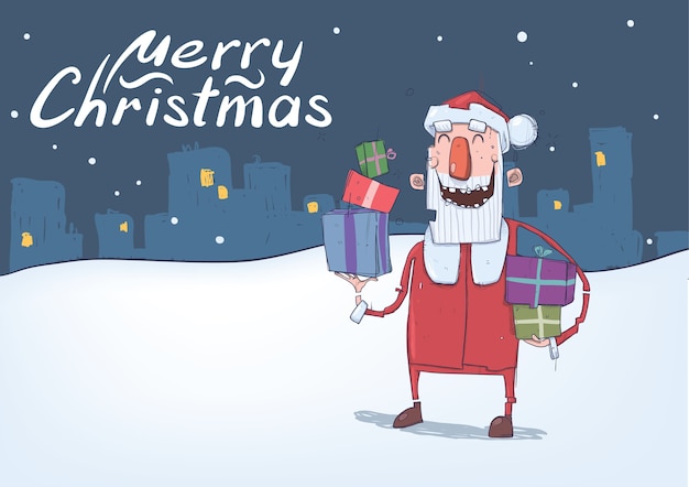 Christmas card with funny smiling Santa Claus. Santa carries presents in colorful boxes on snowy night city background.