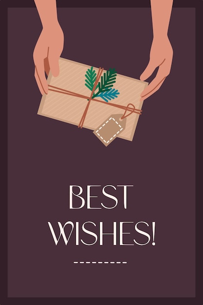 Christmas card with a gift in the hands in flat style and the lettering best wishes