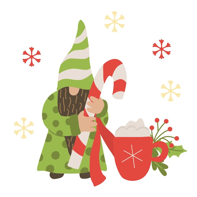 Christmas card with a gnome with a candy cane and cup of cappuccino.