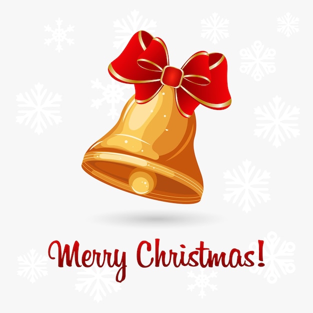 Christmas card with a golden bell, a red bow and text on the background of snowflakes