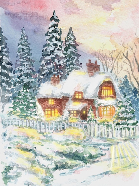 christmas card with house with light from windows