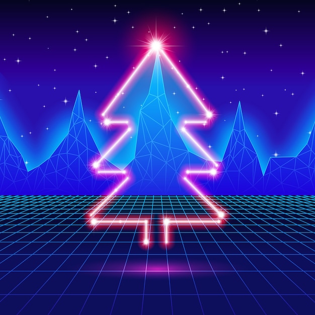 Christmas card with neon tree and 80s computer background